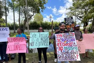 Protest outside OP ups call for Edghill to quit, raising of MV Barima