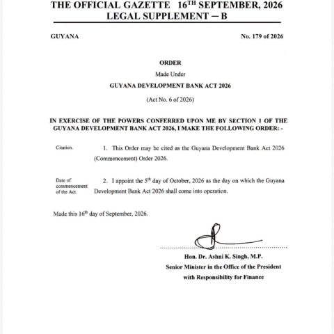Guyana Development Bank Act to take effect October 5 – Singh