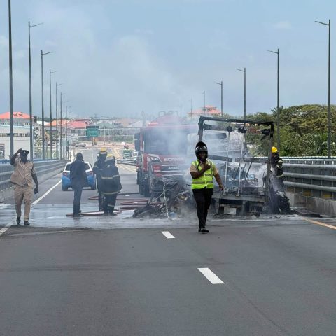 Vehicle catches fire on Demerara River bridge